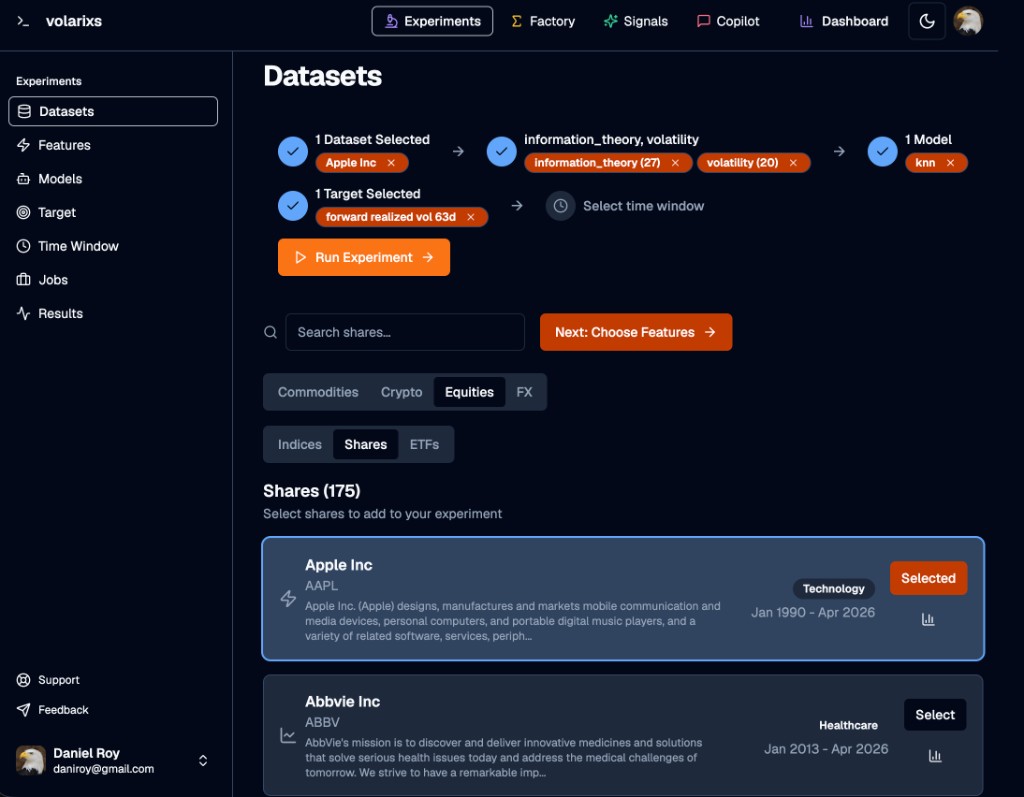 Experiments UI screenshot